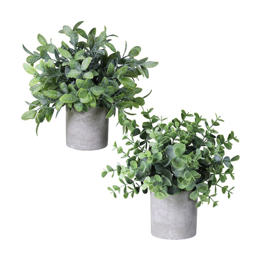 Faux Mini Potted Plants Artificial Eucalyptus Boxwood Plants in Pots Fake Greenery / Set of 2