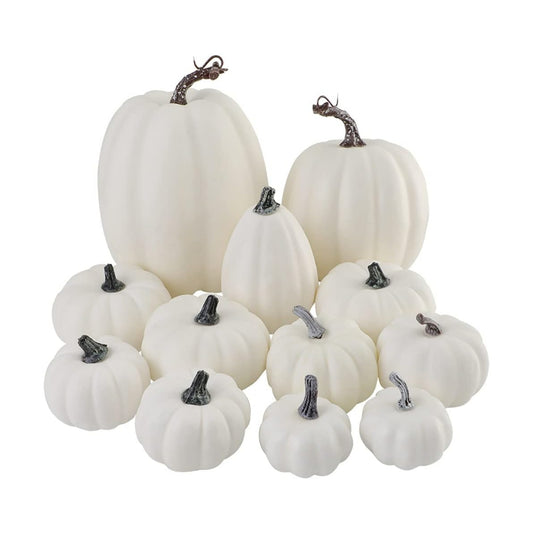 Artmag Package of 12 Pcs Assorted Sizes Artificial White Pumpkins Large Faux Harvest Pumpkins for Fall Thanksgiving Halloween Seasonal Holiday Decor Decoration