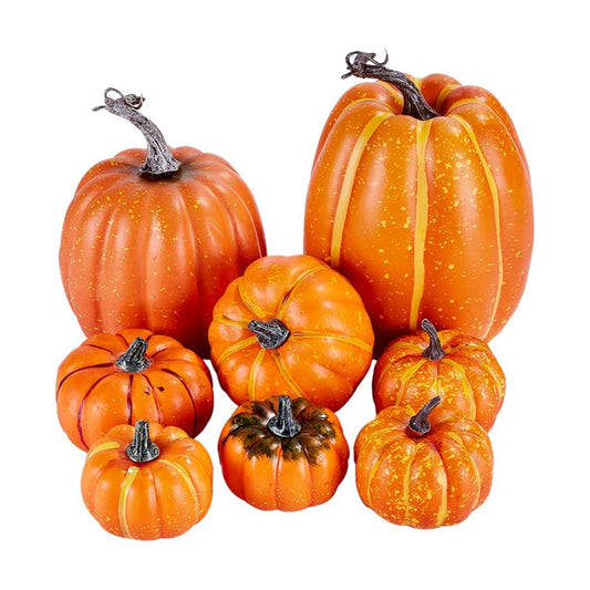 Artmag 8 Pcs Assorted Sizes Harvest Orange Artificial Pumpkins for Fall Halloween Thanksgiving Decorating Embellishing and Displaying