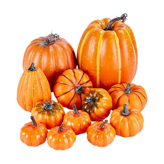 Artmag Package of 12 Pcs Assorted Sizes Artificial Fake Orange Pumpkins Large Faux Harvest Pumpkins for Fall Thanksgiving Halloween Seasonal Holiday Decor Decoration