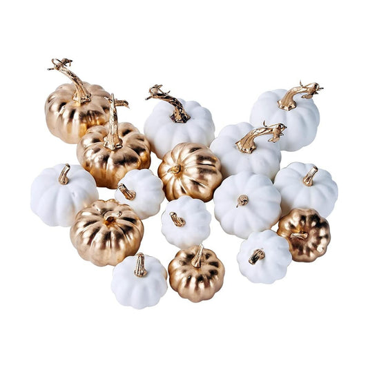 Artmag 16 Pcs Assorted Fall Artificial Pumpkins Harvest White Faux Pumpkins and Gold Plating Pumpkins for Halloween Fall Thanksgiving Decorating Displaying