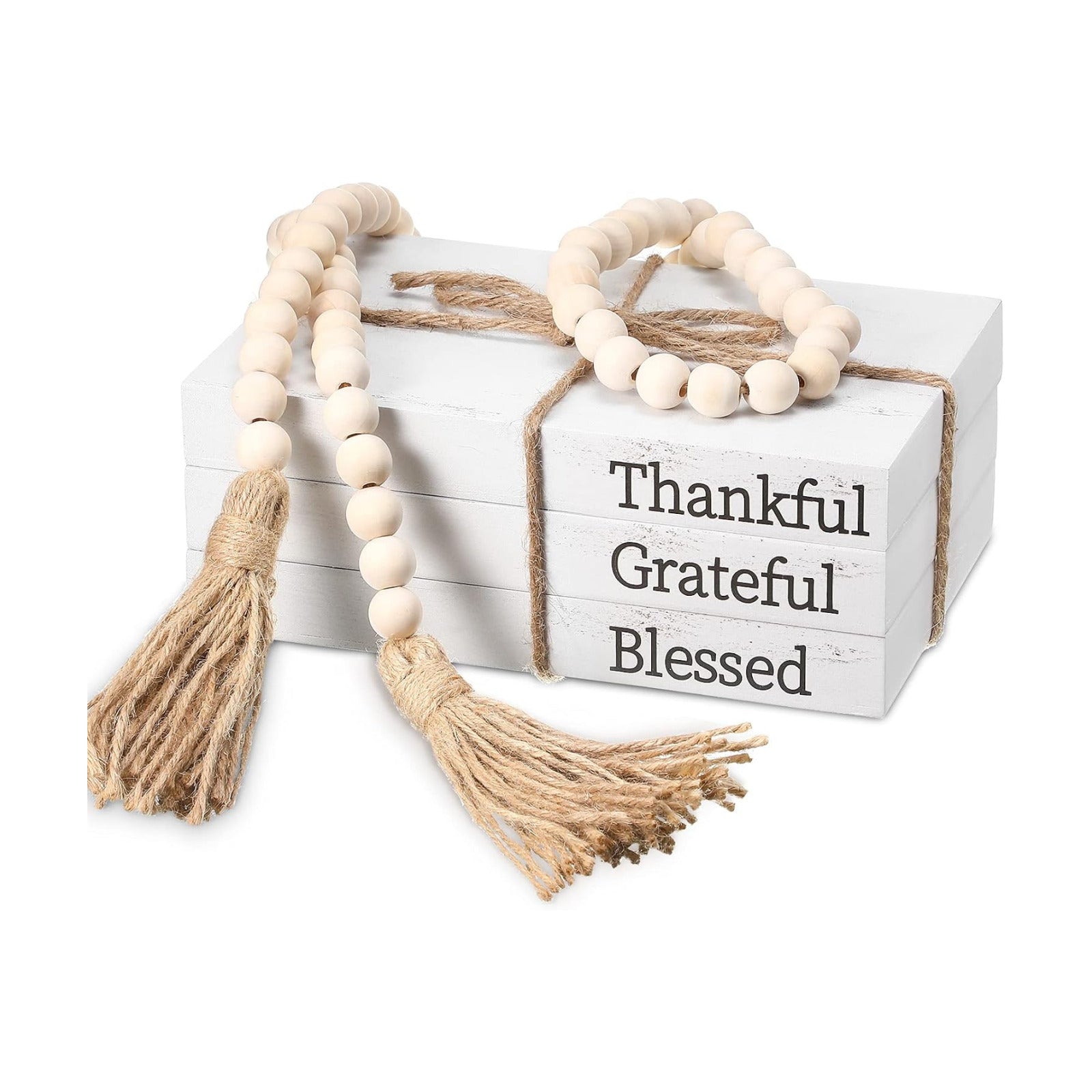 Wood Bead Garland for Living / Thankful, Grateful, Blessed / White / 58 Inch / Set of 3