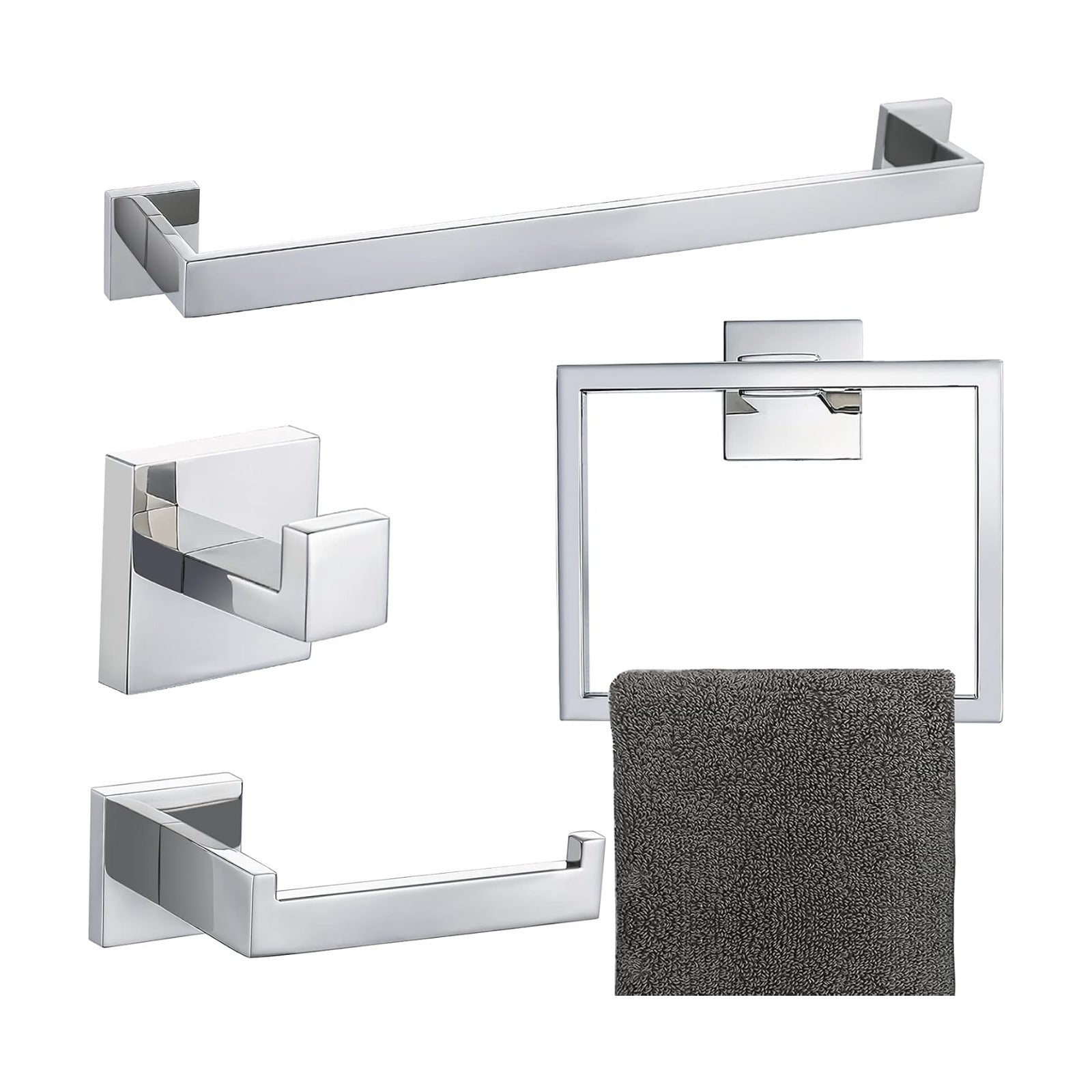 4-Piece Bathroom Hardware Set Chrome Bath Towel Bar Holder Sets Wall Mounted Stainless Steel Bathroom Accessory Kit