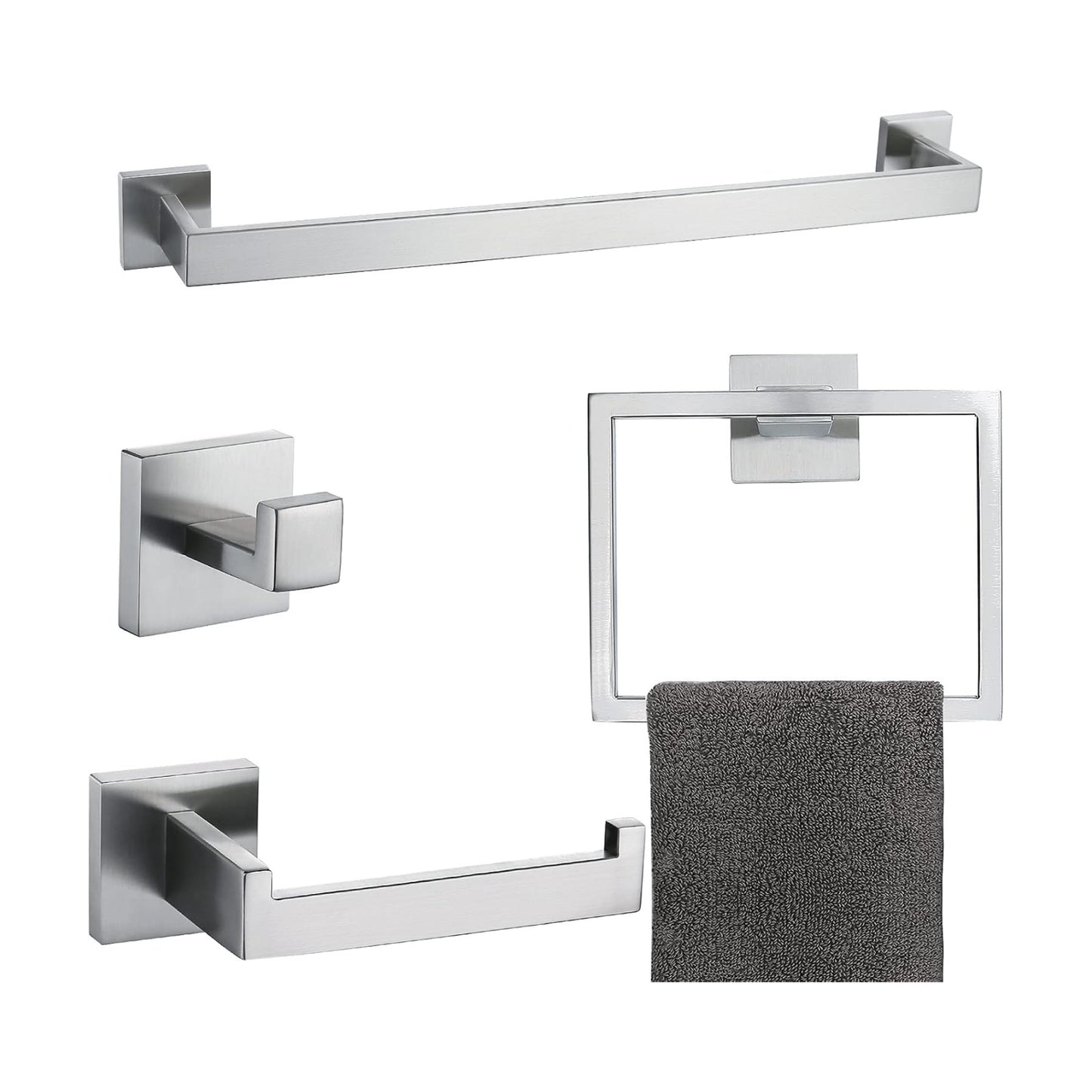 Brushed 4-Piece Bathroom Hardware Set Premium Stainless Steel Bath Towel Bar Sets Wall Mounted Square Bathroom