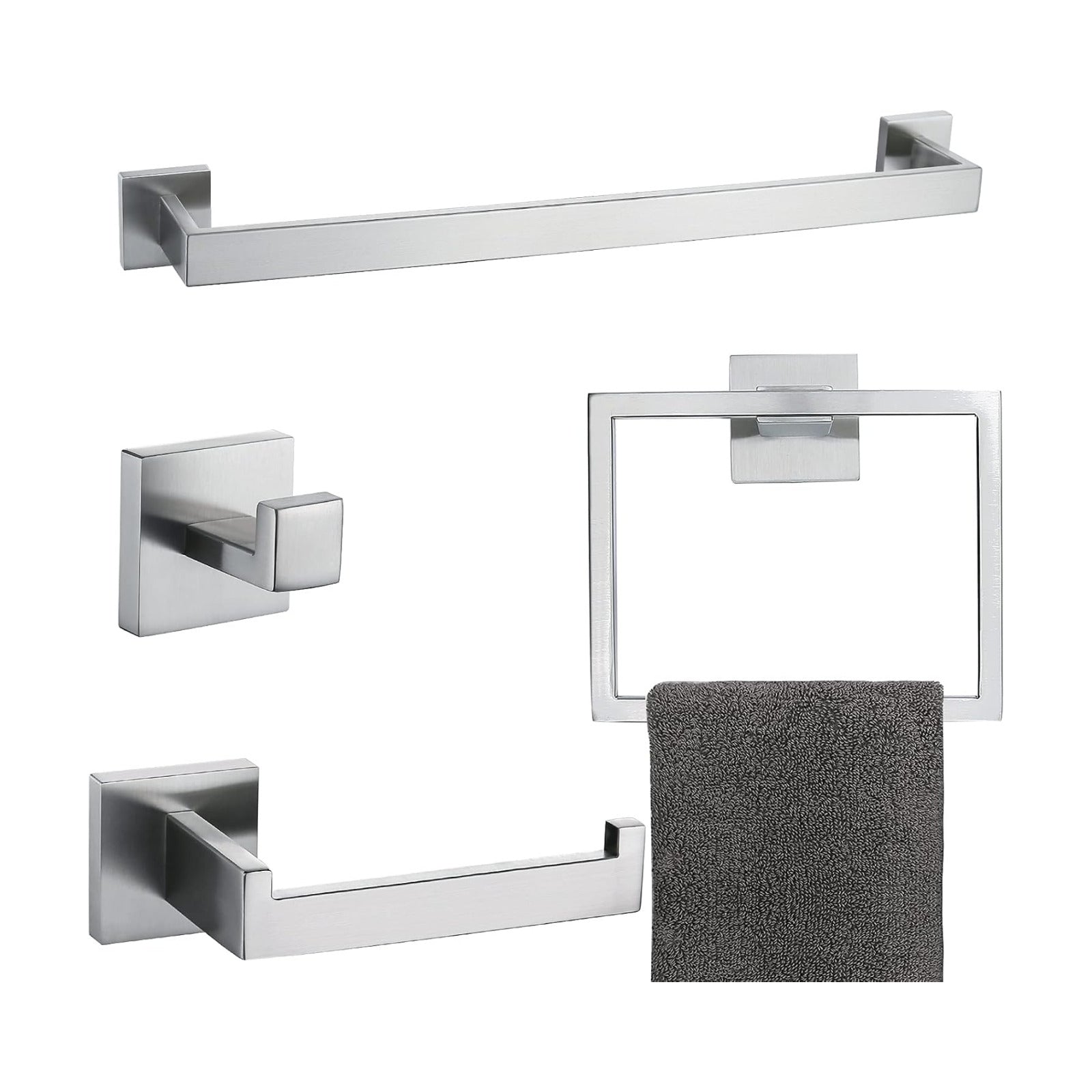 Brushed 4-Piece Bathroom Hardware Set Premium Stainless Steel Bath Towel Bar Sets Wall Mounted Square Bathroom