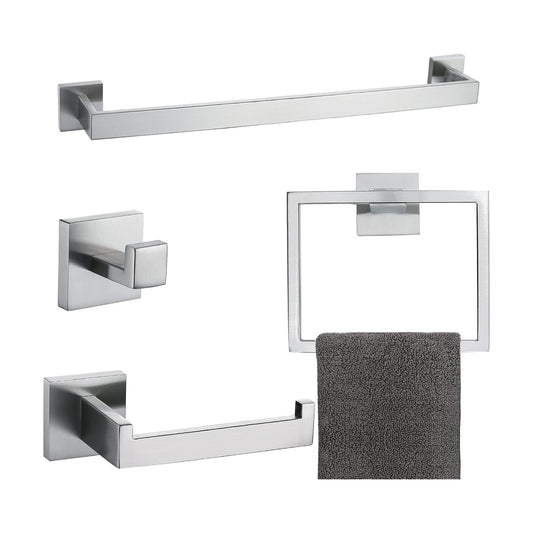 Brushed 4-Piece Bathroom Hardware Set Premium Stainless Steel Bath Towel Bar Sets Wall Mounted Square Bathroom