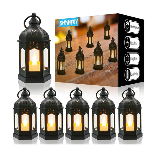 SHYMERY Mini Lantern with Flickering LED Candles,Vintage Black Decorative Hanging Candle Lanterns for Halloween,Wedding