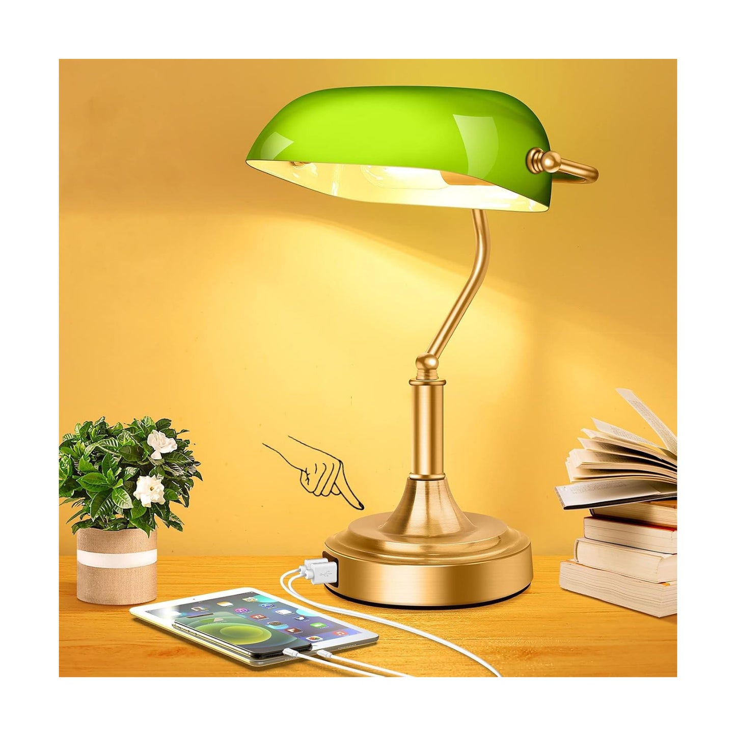 Bankers Lamp with 2 USB Ports, Touch Control Green Glass Desk Lamp with Brass Base, 3-Way Dimmable Vintage Desk Lamp