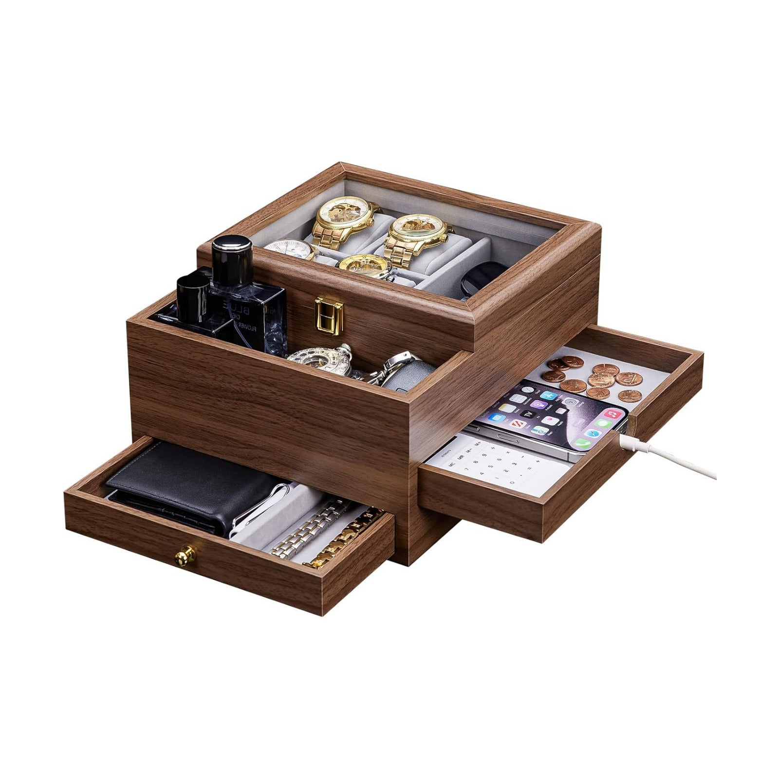 Homde Wooden Watch Box for Men: 3-Layer Organizer with 4 Watch Pillow | 4 Watch Pillows and 2 Drawers for Jewelry and