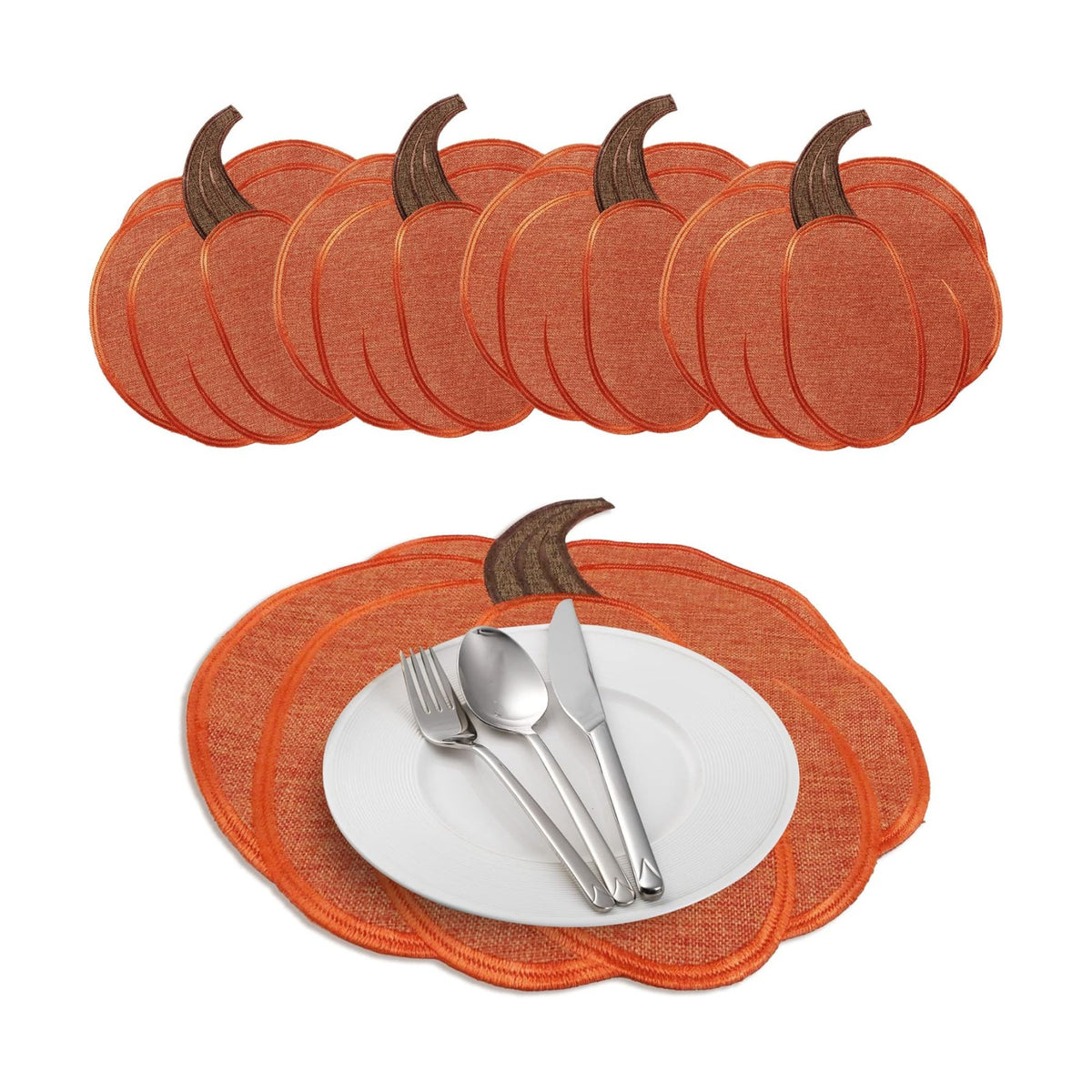 OWENIE Thanksgiving Harvest Pumpkin Placemats 15 x 15 Inch, Set of 4, Embroidered Diecut Place mats, Fall Autumn Home Decorations, Orange Table Mats for Halloween Kitchen Dinning Room, 15 Inch Round