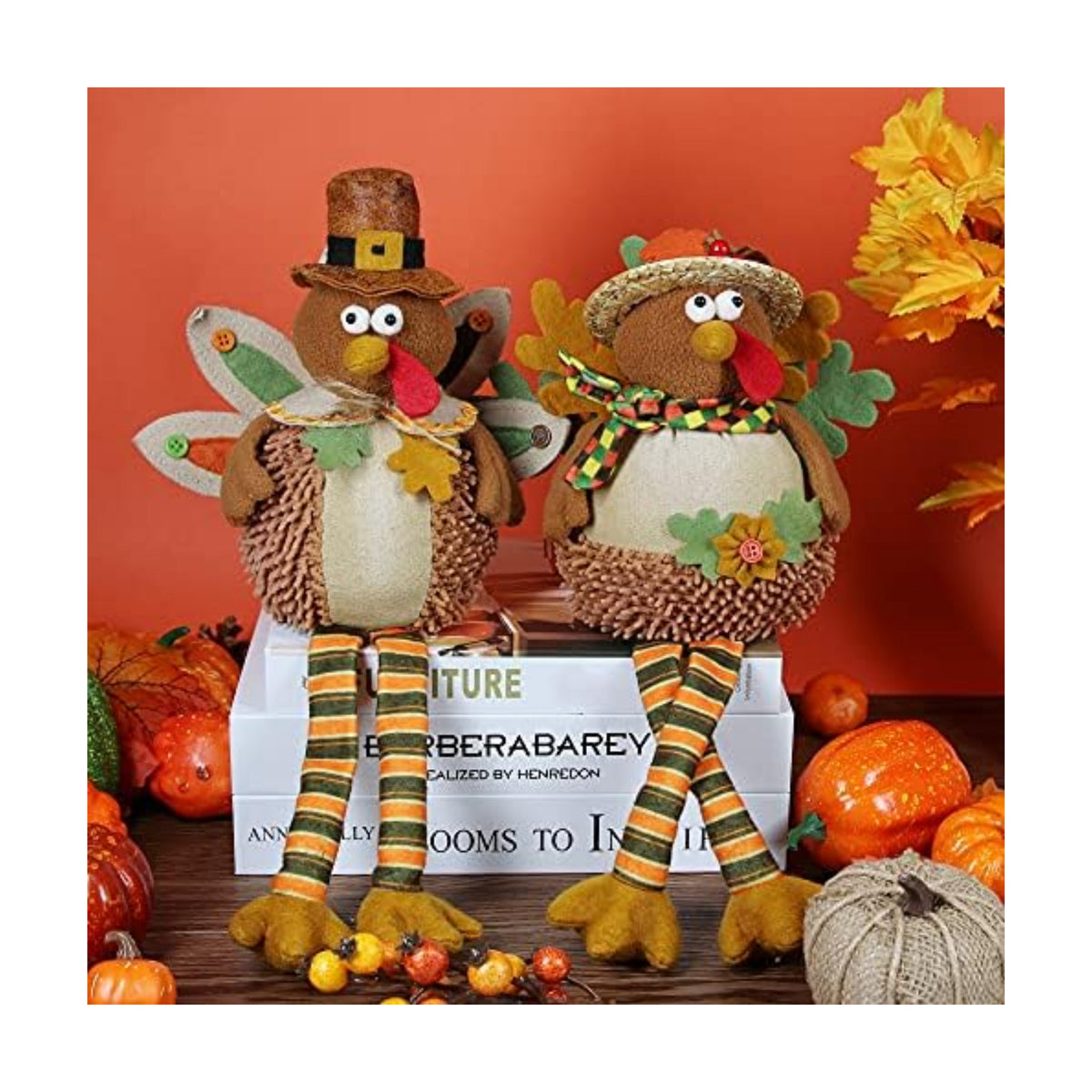 Ogrmar 15" 2PCS Stuffed Turkey Couple Doll Thanksgiving Tabletop Decoration