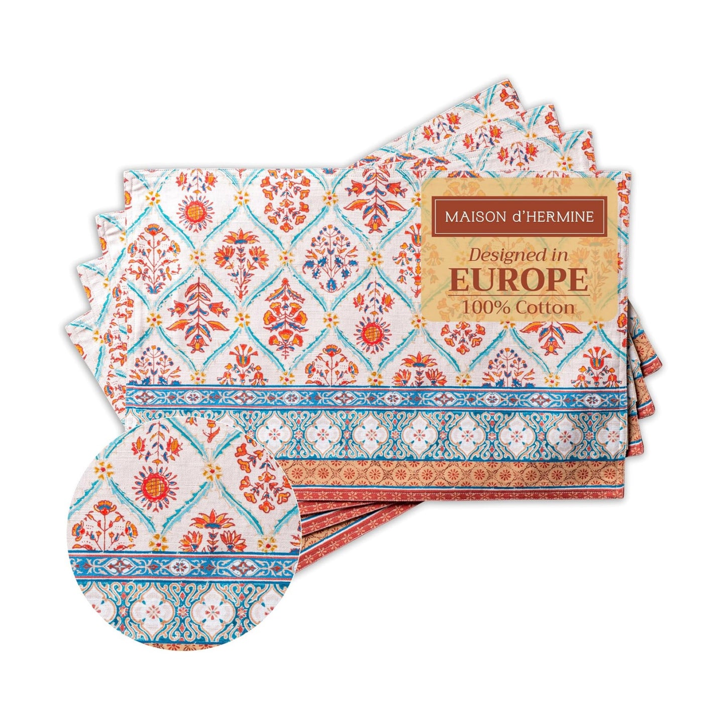 Maison d' Hermine Placemats Set of 4 Reusable 100% Cotton (13"x19") | Cloth Place Mats Washable Table Mats for Kitchen