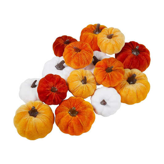 Winlyn Set of 16 Assorted Faux Small Rustic Harvest Decorative Pumpkins Velvet Fabric Foam Pumpkins in Rust Orange White for Farmhouse Fall Wedding Thanksgiving Centerpiece Table Mantel Décor