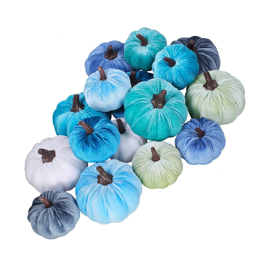 Winlyn Set of 16 Faux Assorted Velvet Pumpkins Decorative Teal Blue Green Gray Ivory Fabric Foam Pumpkins for Farmhouse Fall Wedding Thanksgiving Halloween Table Centerpiece Mantel Kitchen Decor
