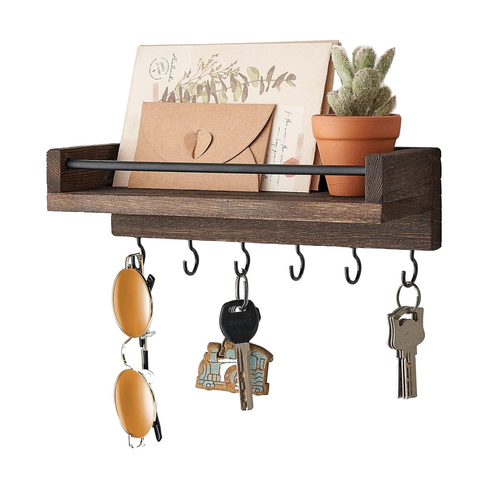 Key Holder / 6 Hooks Decorative Display Keys Hanger / Small / Brown / 9.5 x 3.5 x 2.5