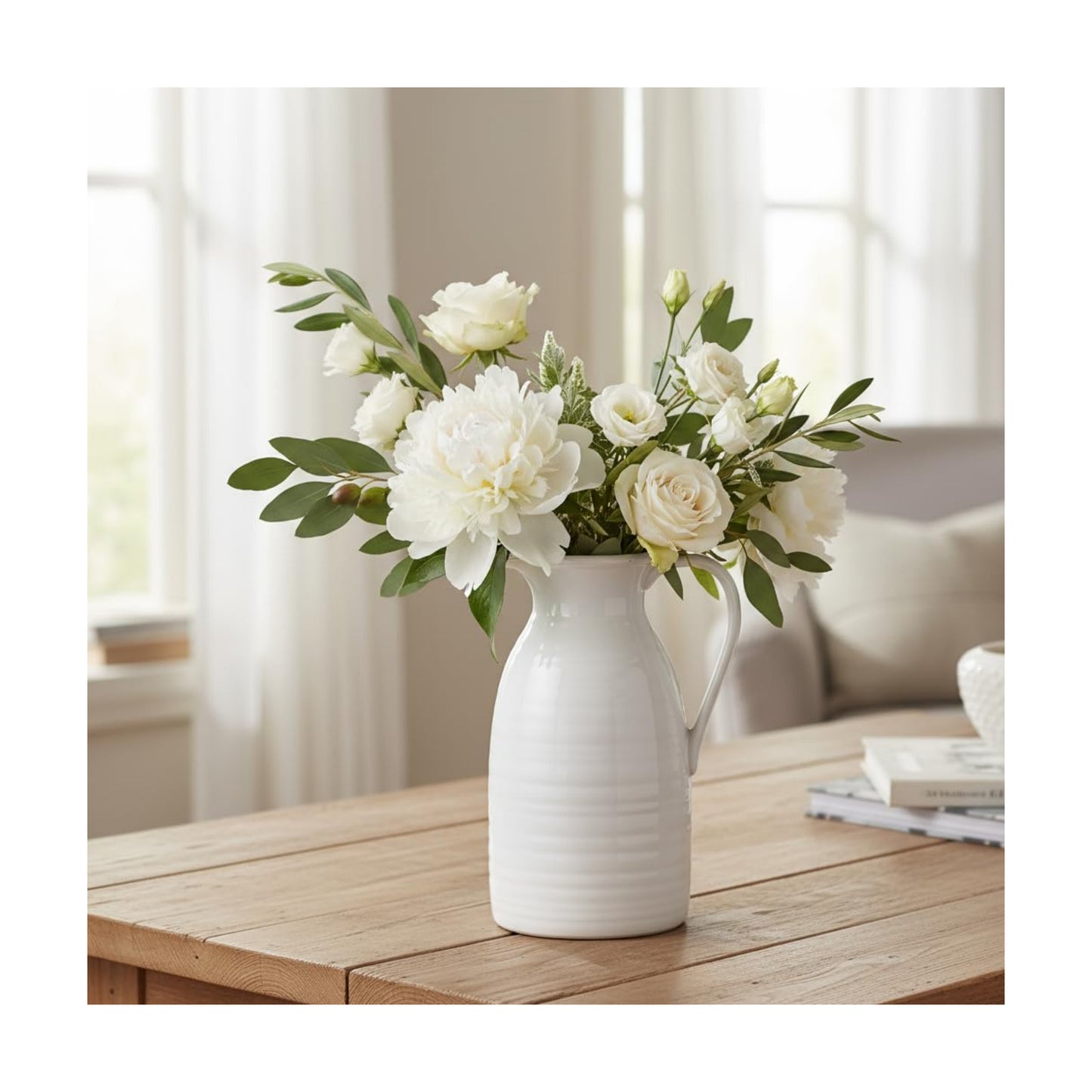Farmhouse Pitcher Vase for Flowers- Ceramic Pitcher White Flower Vase / White - Pitcher Vase