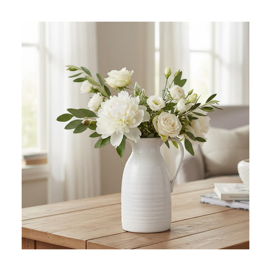 Farmhouse Pitcher Vase for Flowers- Ceramic Pitcher White Flower Vase / White - Pitcher Vase