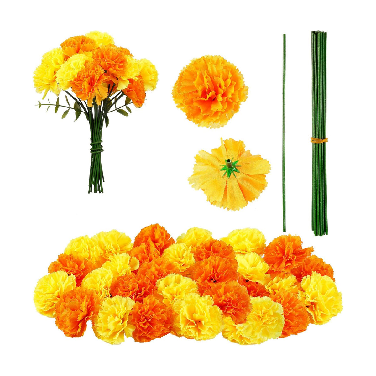 Waydress 20 Pcs Artificial Marigold Flowers Halloween,Gold and Orange