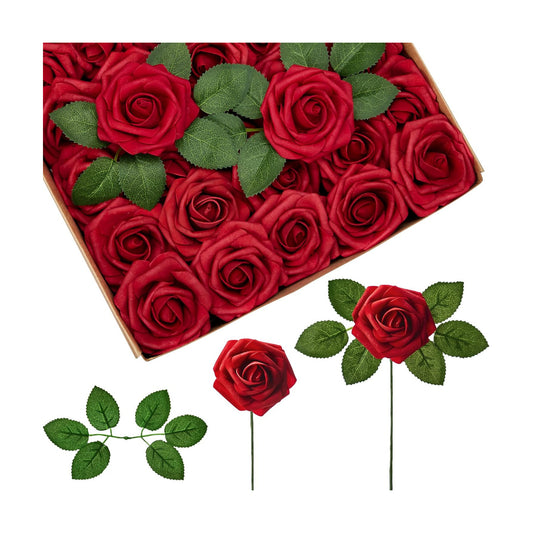 InnoGear Fake Roses 100 Pcs Dark Red Flowers Artificial Faux Foam Floral