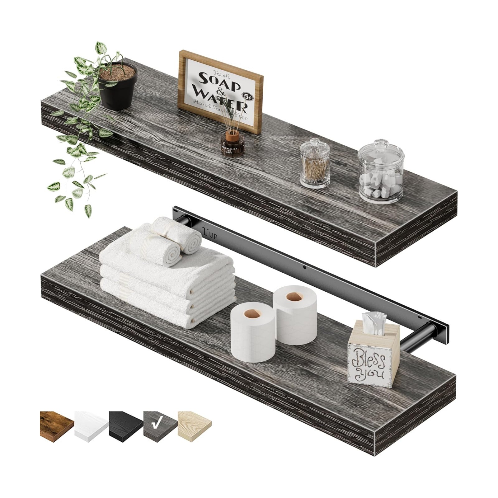 QEEIG Bathroom Long Floating Shelves for Wall (Grey, Set of 2, 23.6")