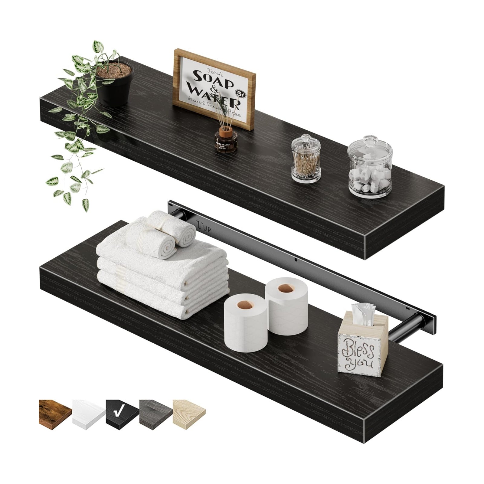 QEEIG Bathroom Long Floating Shelves for Wall (Black, Set of 2, 23.6")
