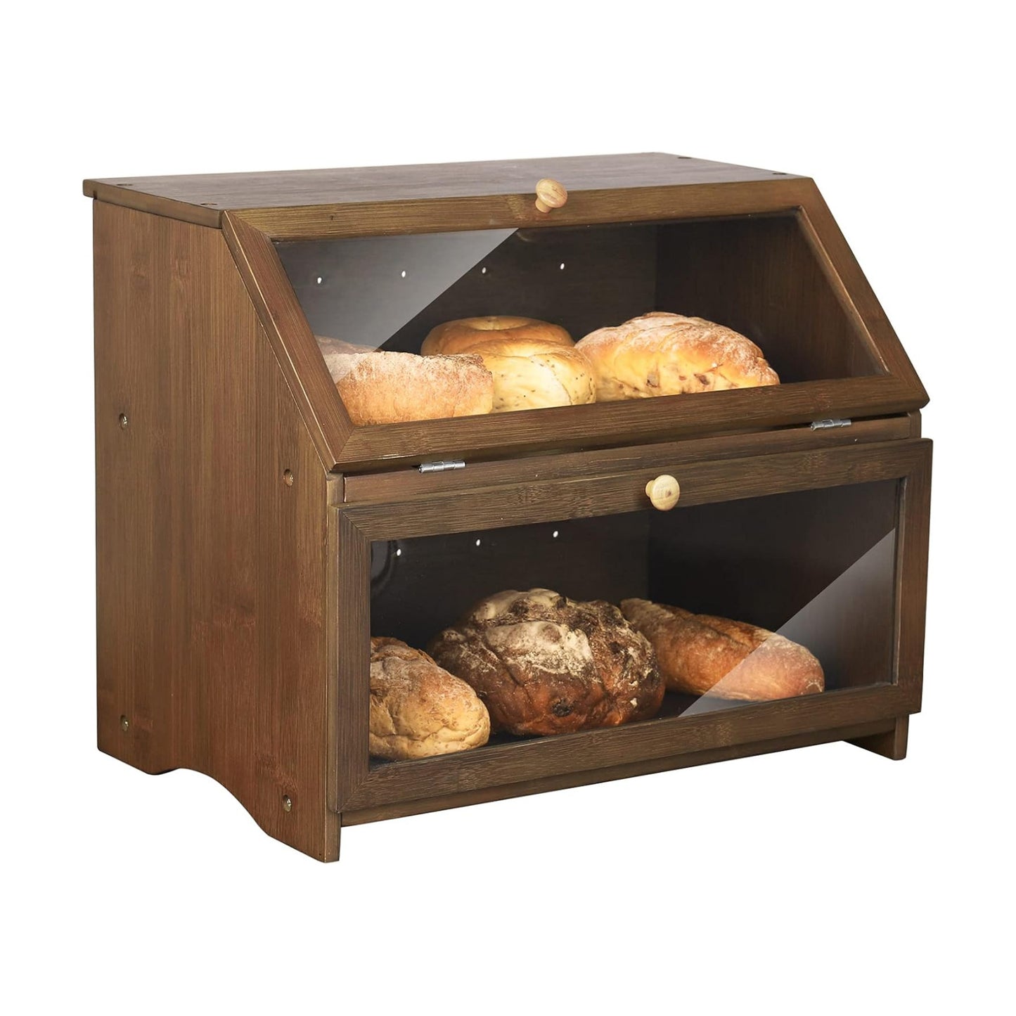 HOMEKOKO Double Layer Bread Box, Wooden Bread Storage Bin, Brown | Keeps Bread Fresh 3-4 Days, Large Capacity Fits 2+