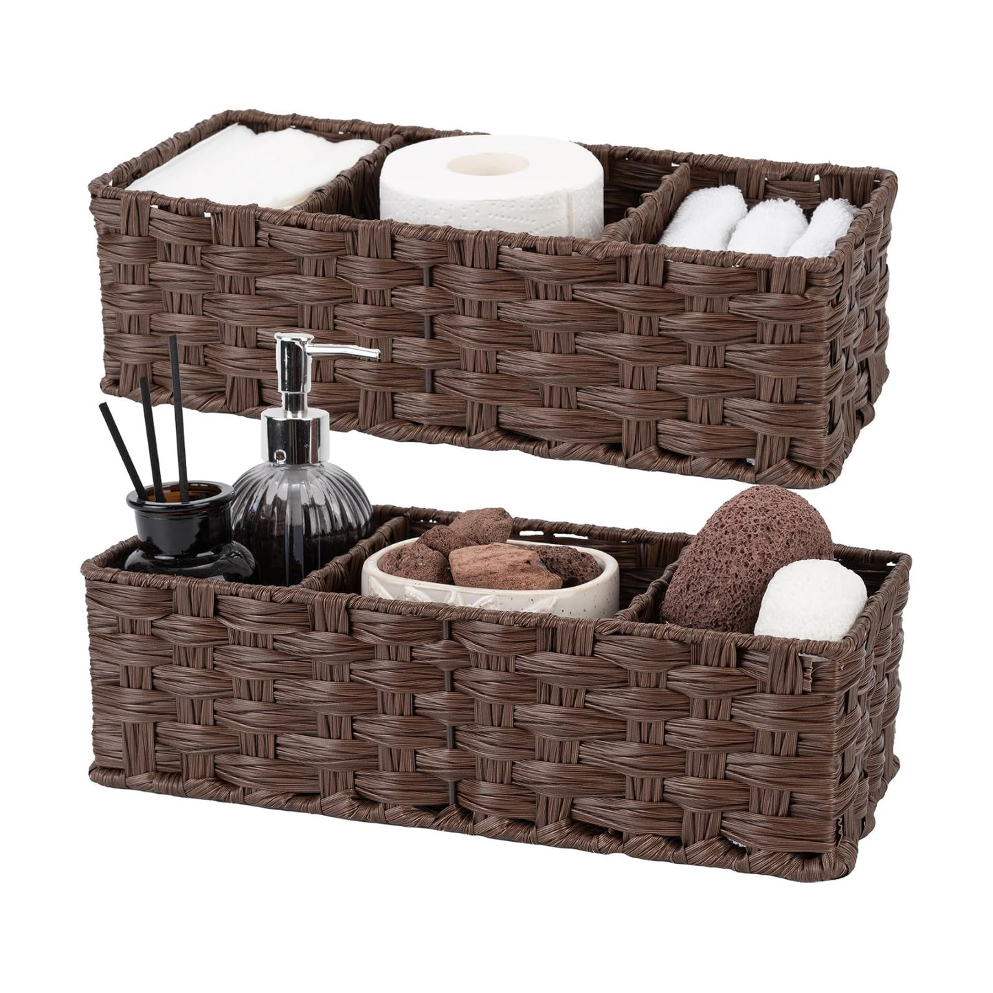 Wicker Baskets / Toilet Storage Basket / Brown / Divided / Set of 2