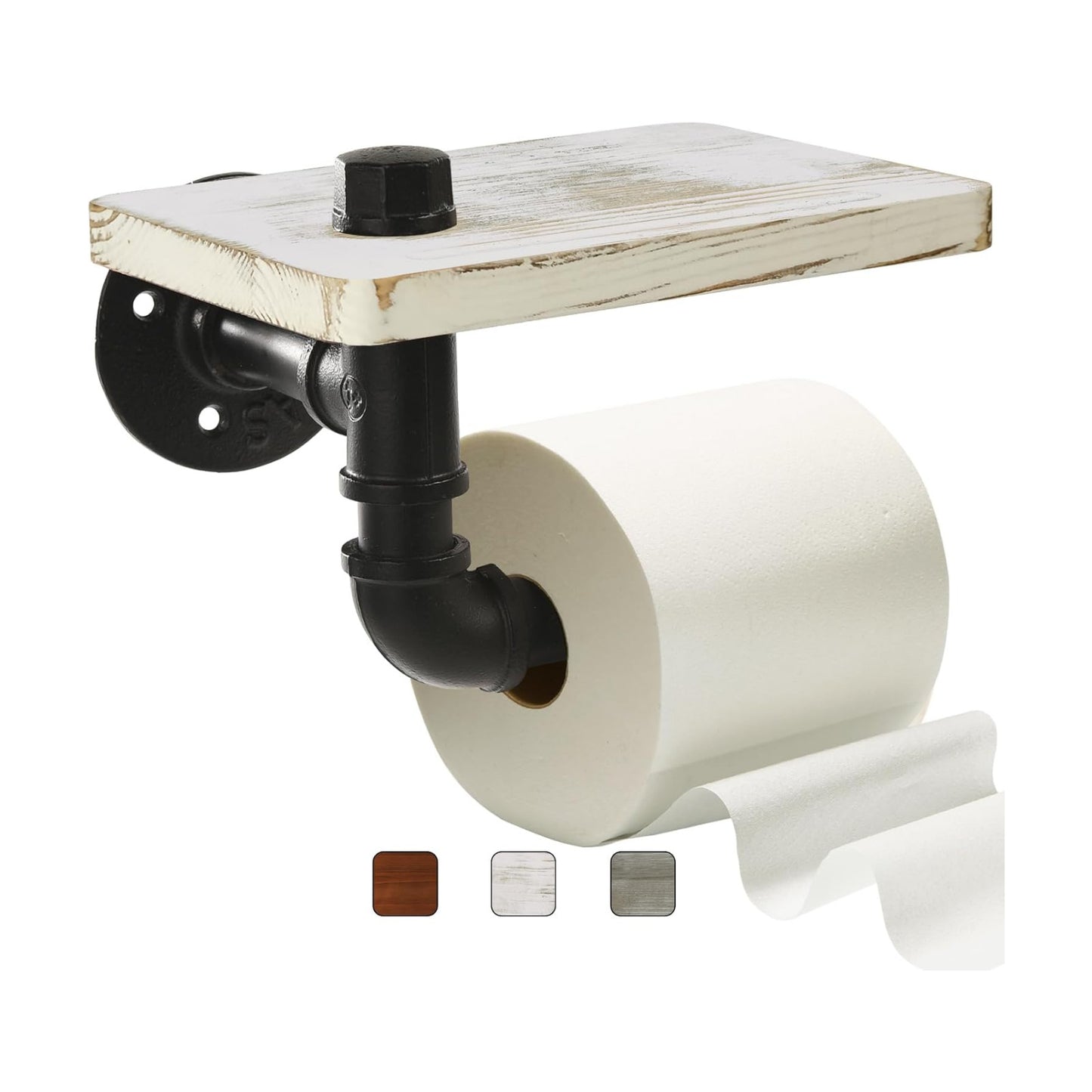 Industrial Pipe Wall Mounted Toilet Paper Holder with Shelf - Rustic Wood and Metal Bathroom Tissue Roll Holder