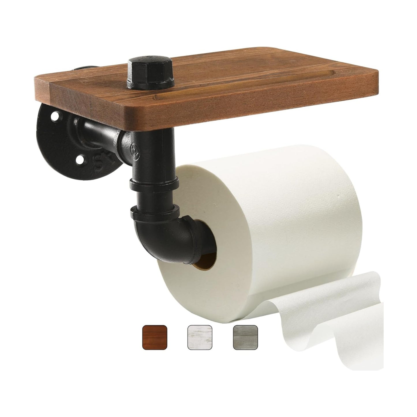 Industrial Pipe Wall Mounted Toilet Paper Holder with Shelf - Rustic Wood and Metal Bathroom Tissue Roll Holder