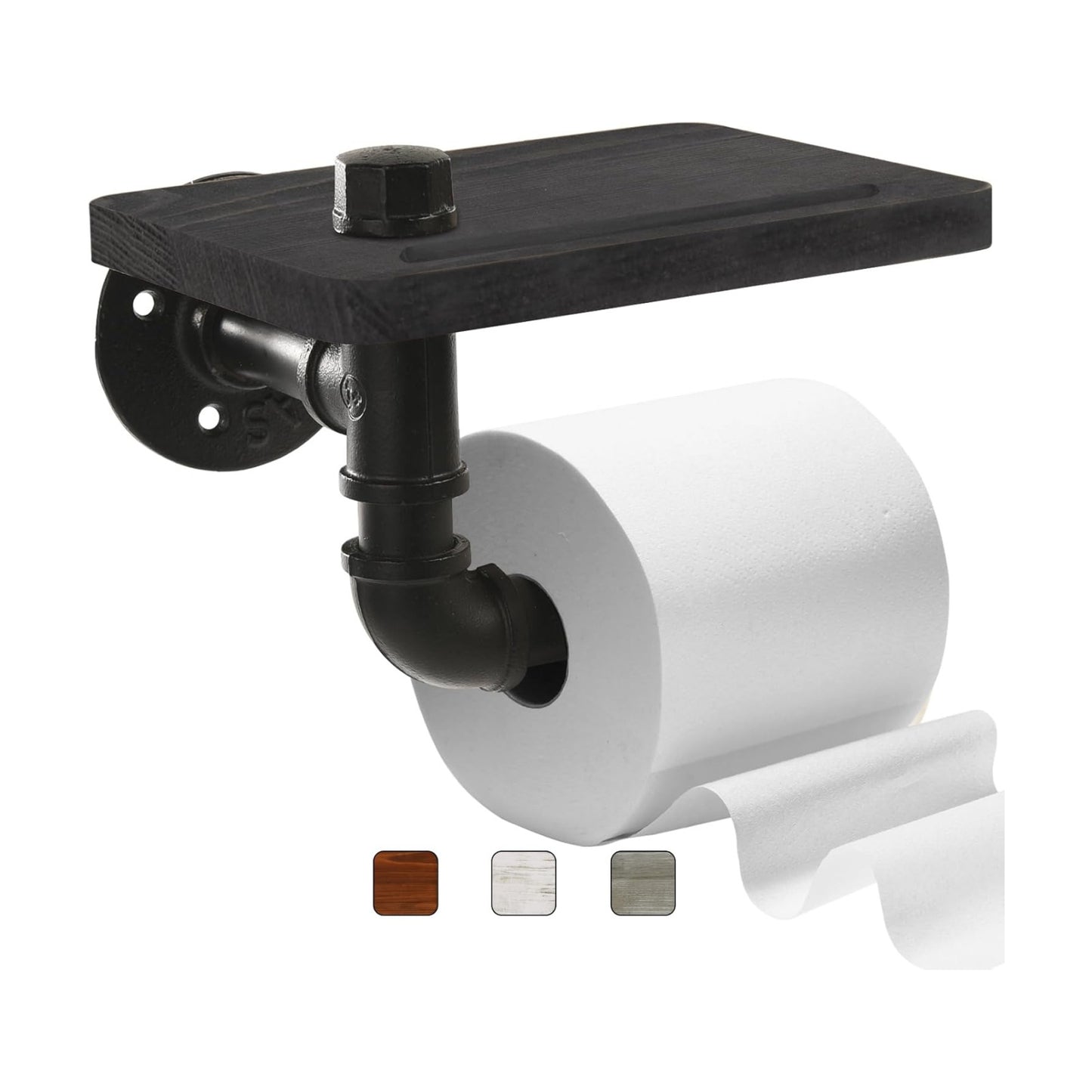 Industrial Pipe Wall Mounted Toilet Paper Holder with Shelf - Rustic Wood and Metal Bathroom Tissue Roll Holder