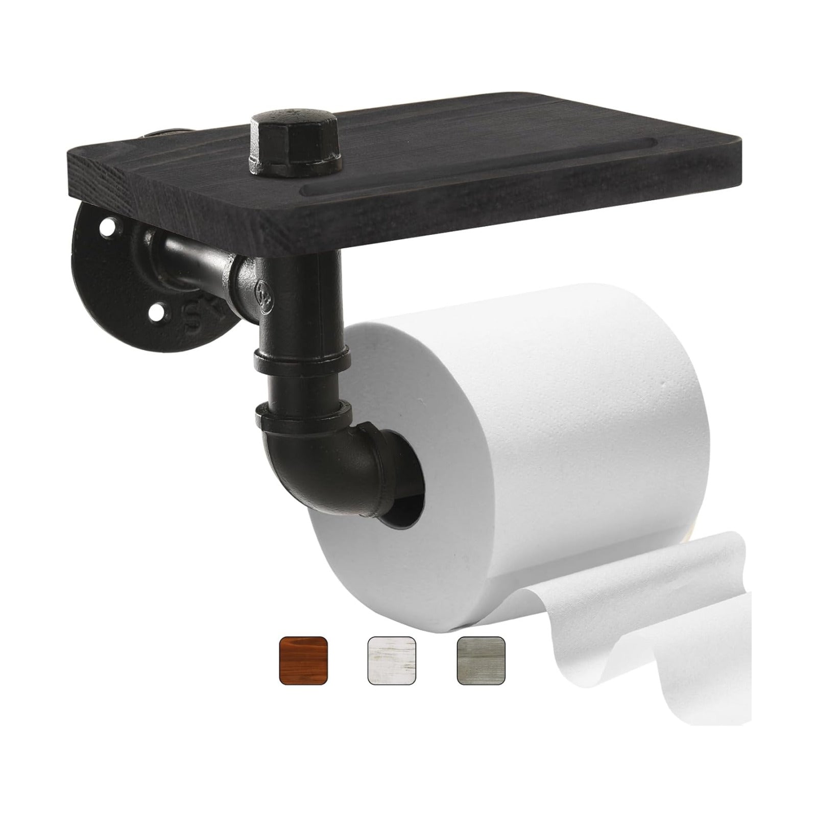 Industrial Pipe Wall Mounted Toilet Paper Holder with Shelf - Rustic Wood and Metal Bathroom Tissue Roll Holder