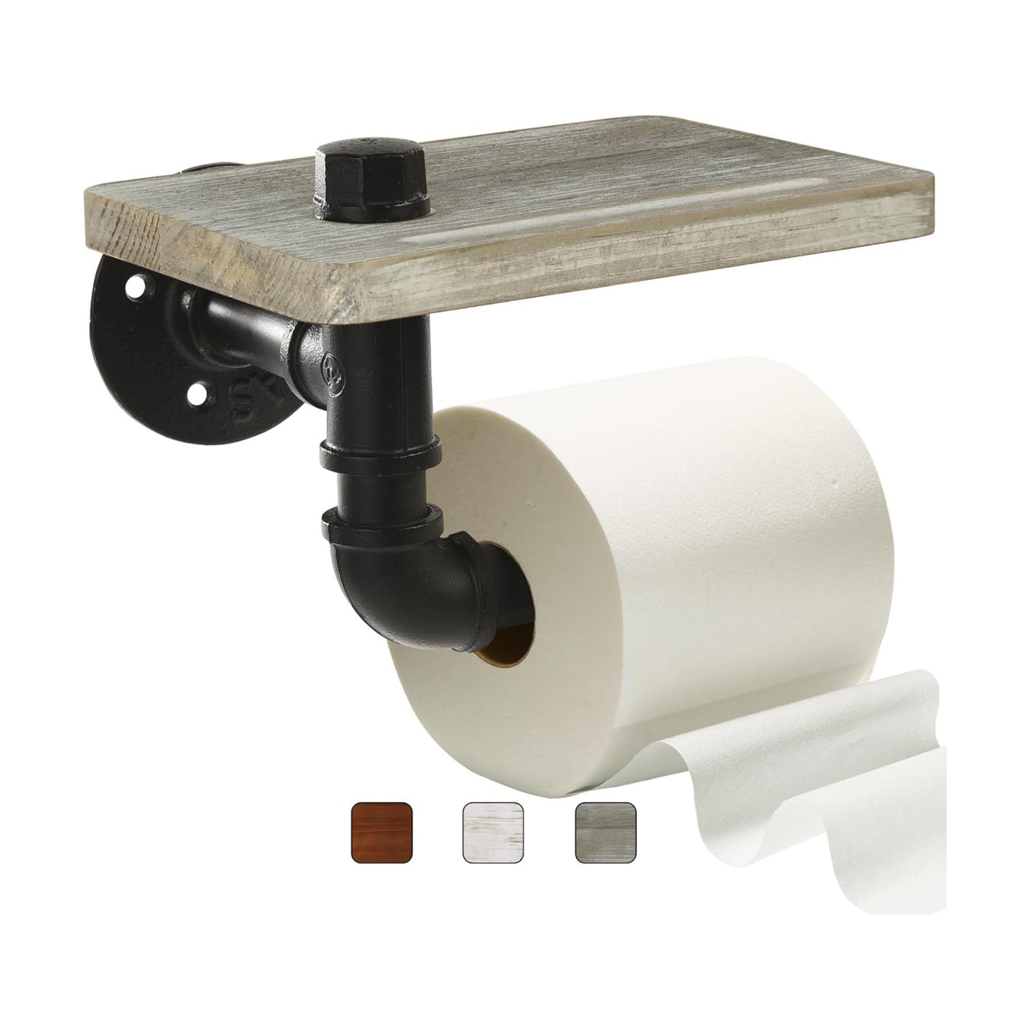 Industrial Pipe Wall Mounted Toilet Paper Holder with Shelf - Rustic Wood and Metal Bathroom Tissue Roll Holder