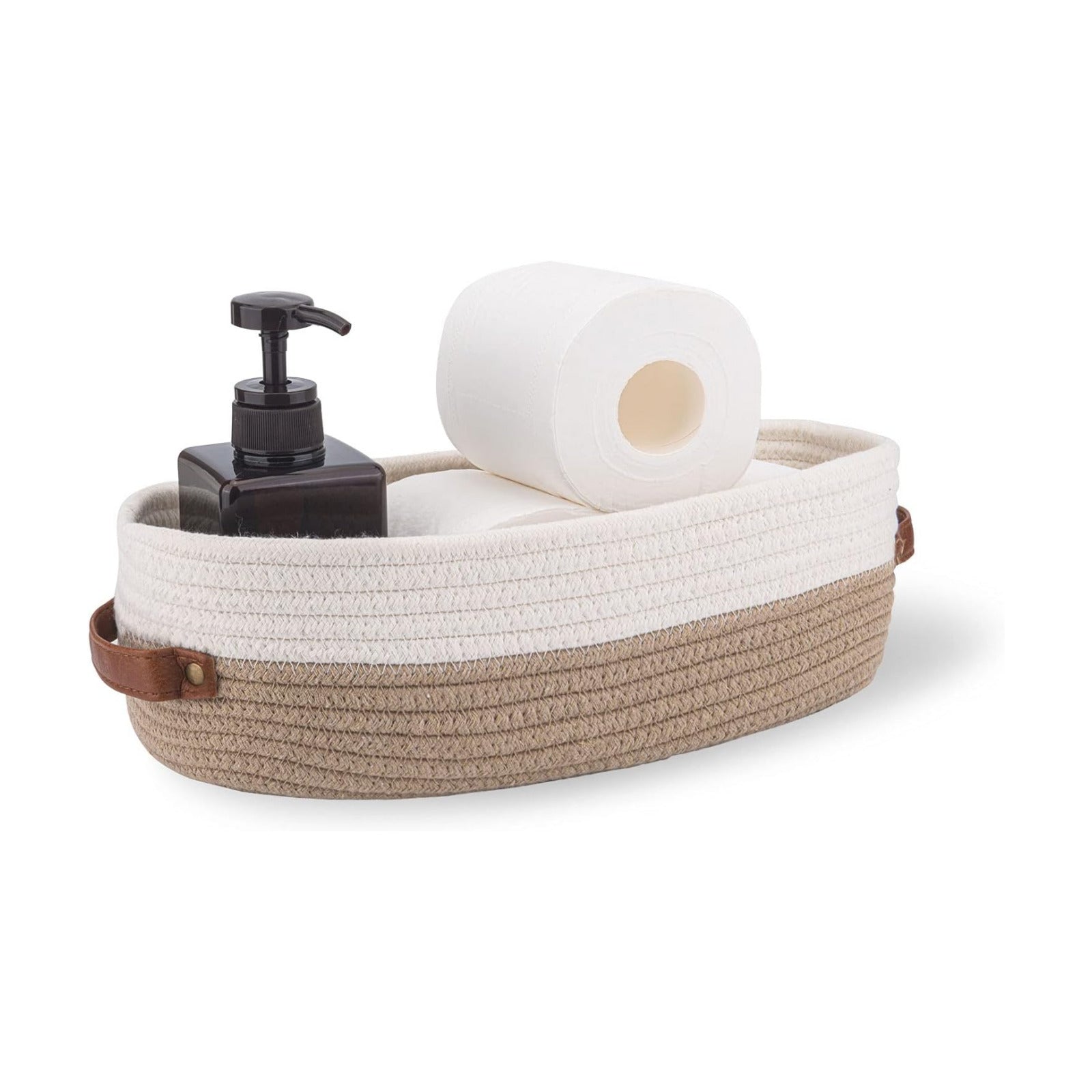 Farmhouse Home Decor Organizing Baskets " Brown / Brown Stitching White / 13 x 5.9 x 4