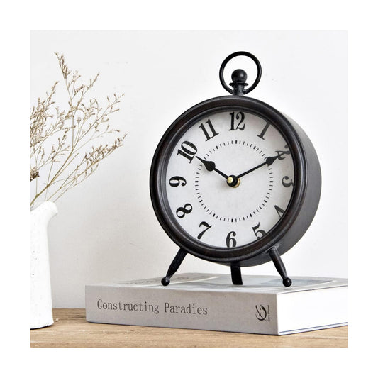 Vintage Black Table Clock on Stand, Decorative Desk and Shelf Clock, Rustic Mantel Clock Farmhouse Clock Non-Ticking