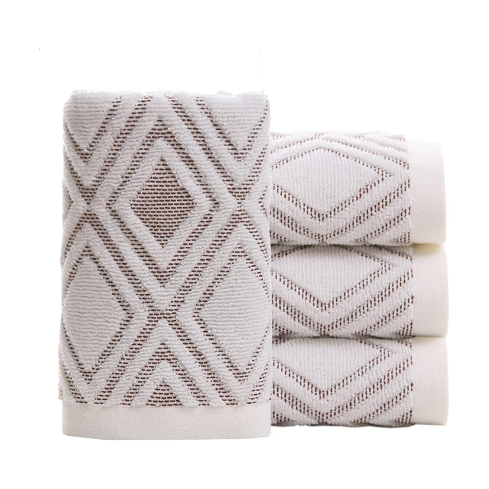 Hand Towels Set of 4 Diamond Pattern 100% Cotton Absorbent Soft Decorative Towel for Bathroom (Beige Brown)