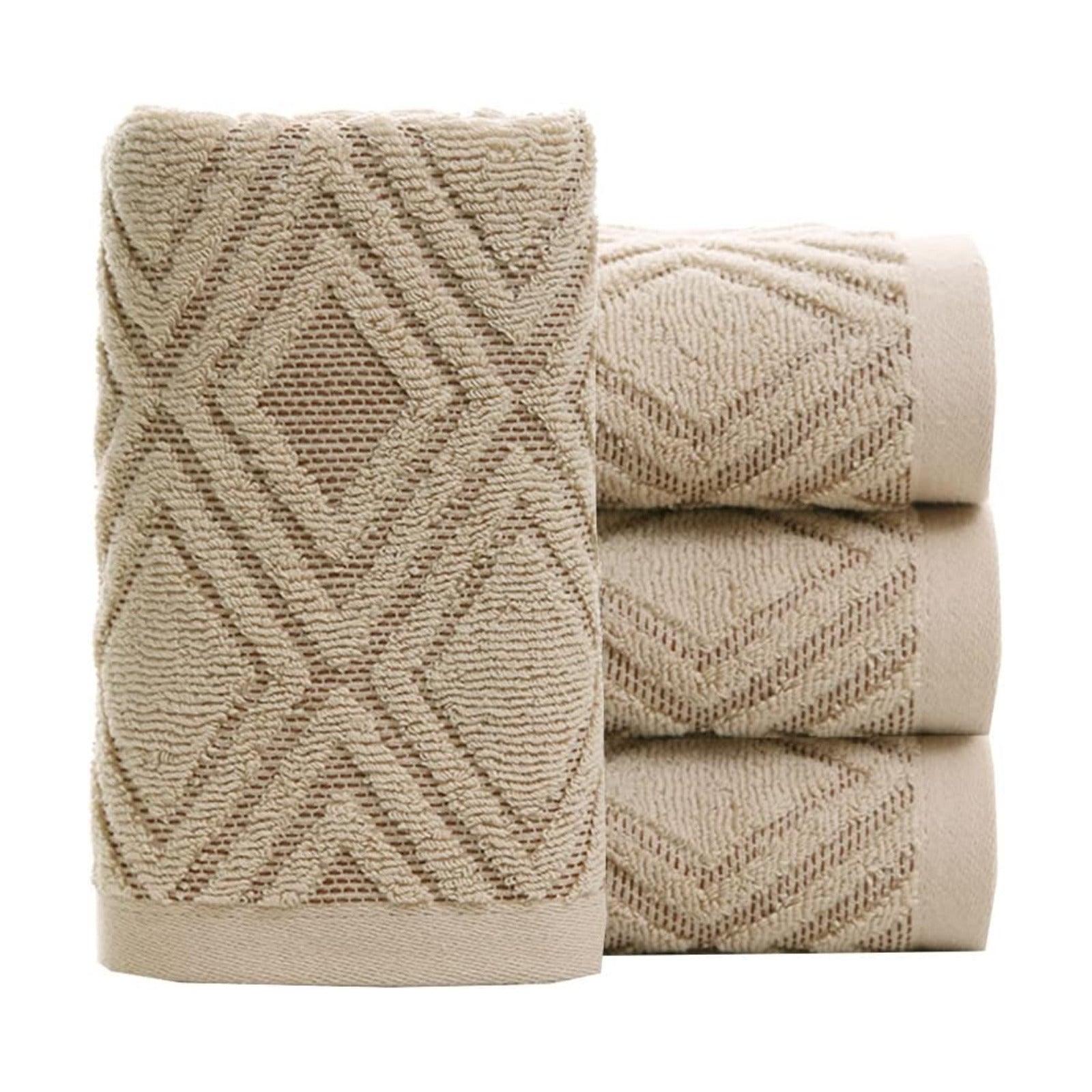 Hand Towels Set of 4 Diamond Pattern 100% Cotton Absorbent Soft Decorative Towel for Bathroom (Brown)