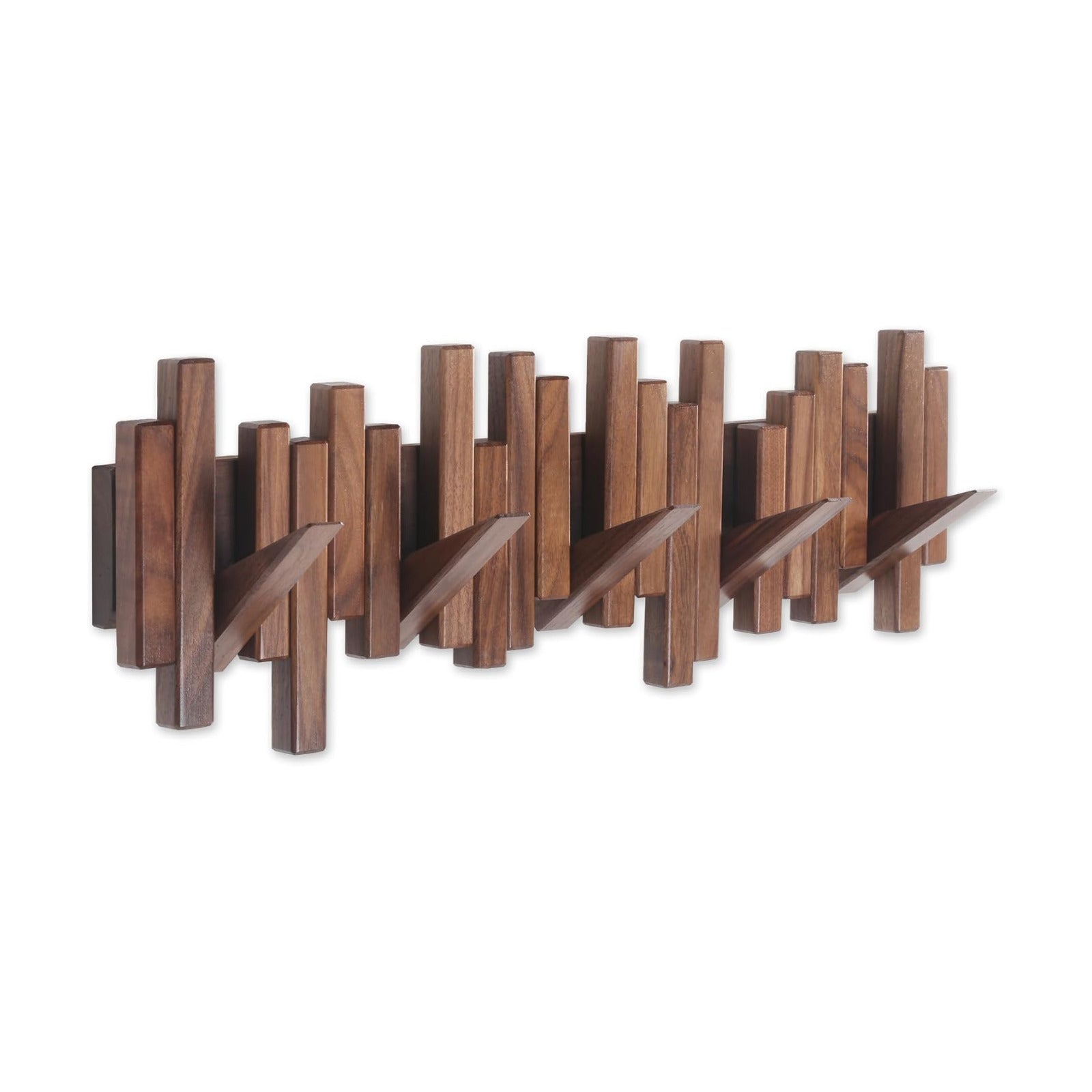 DESAINOPH® Wooden Coat Rack Wall Mounted Sticks Multi Rack Solid Handmade Natural Walnut Wood Artwork with 5 Flip-Down