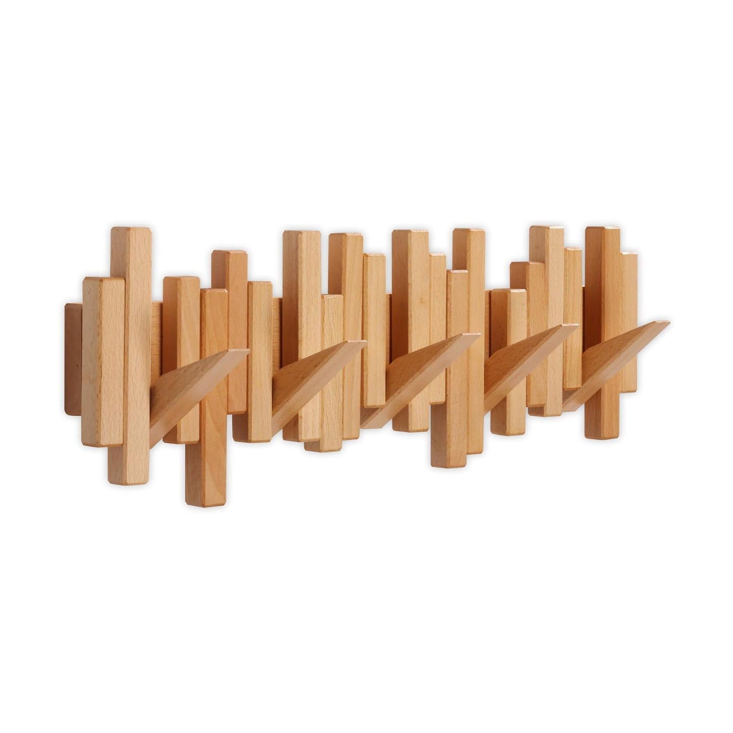 DESAINOPH® Wooden Coat Rack Wall Mounted Sticks Multi Rack Solid Handmade Natural Wood Artwork with 5 Flip-Down Unique