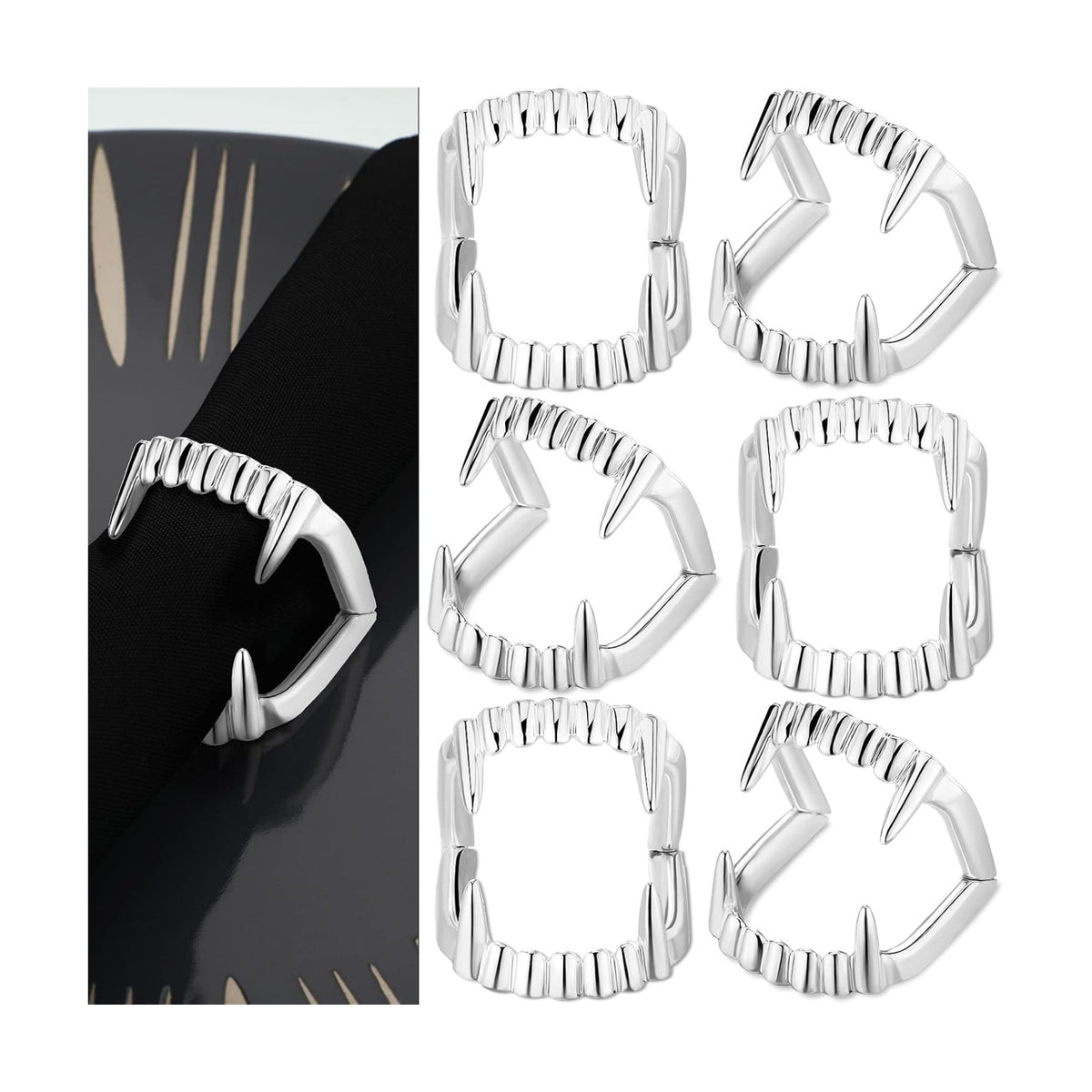 Set of 6 Halloween Napkin Ring Holder Buckle Vampire Fangs Teeth Napkin Rings Metal Alloy Napkin Rings Spooky Napkin Holder Ring Serviette Ring Holders for Halloween Party Dinner Table Decor (Silver)