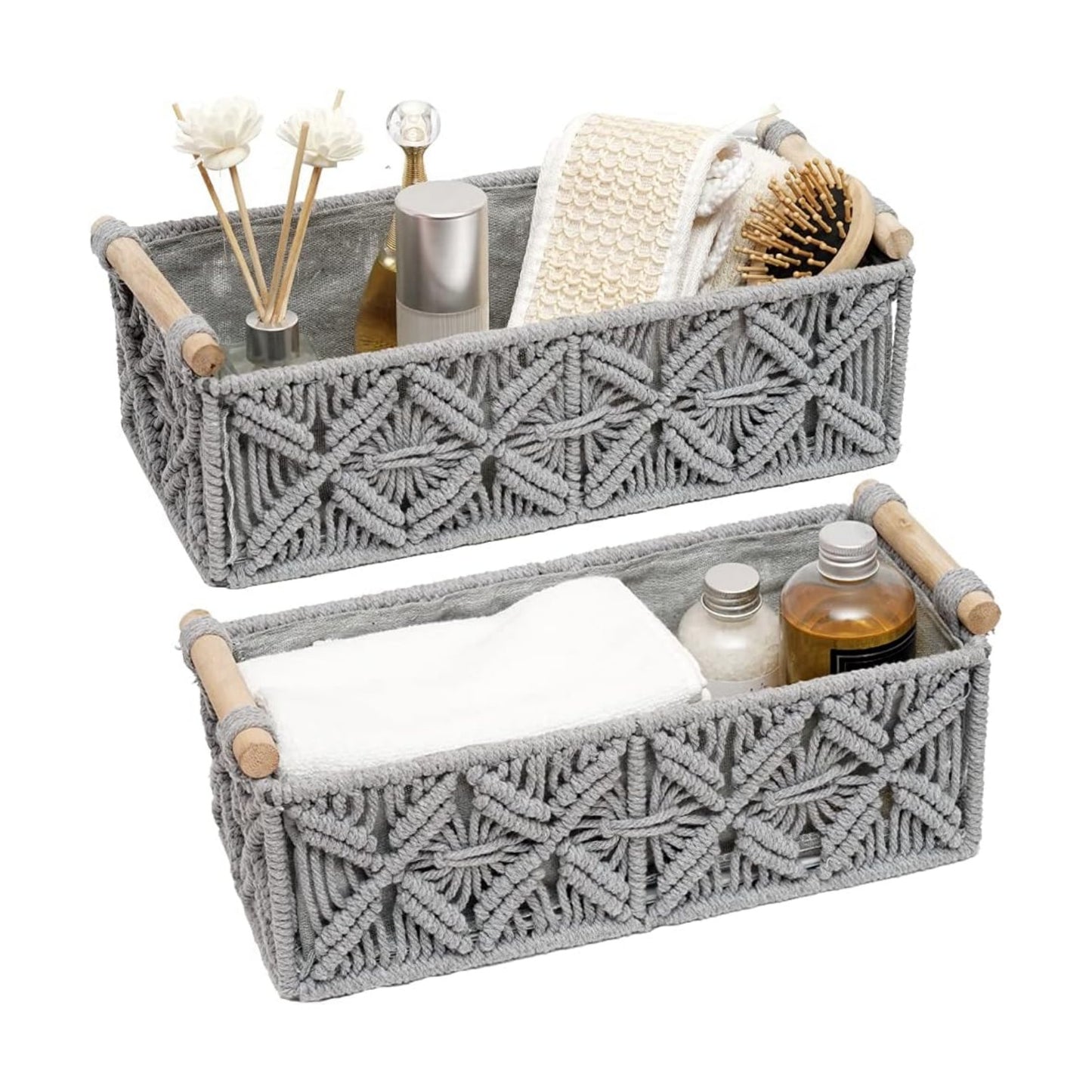 Macrame Storage Basket Boho Decor Baskets for Organizing Woven Decorative for Countertop / Grey