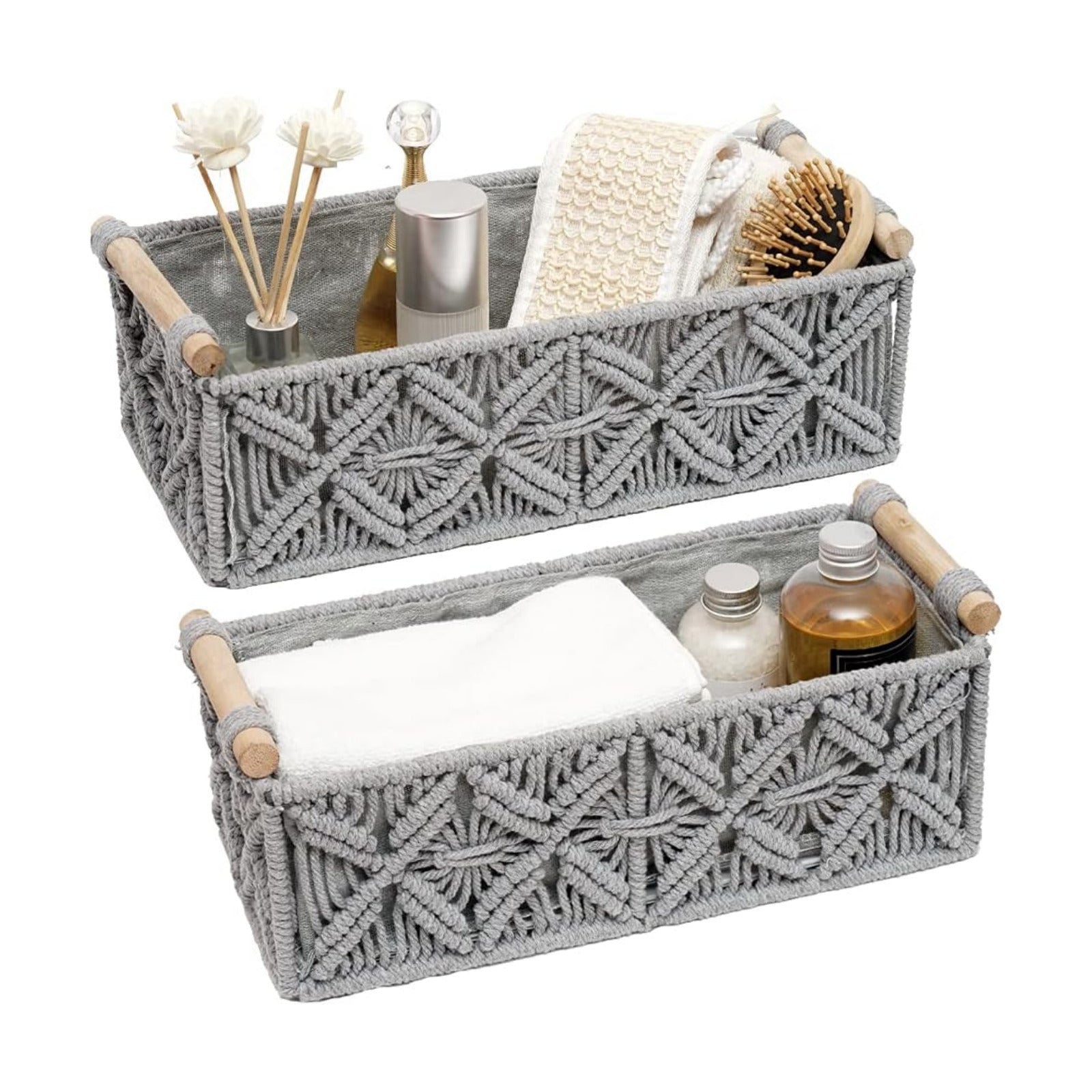 Macrame Storage Basket Boho Decor Baskets for Organizing Woven Decorative for Countertop / Grey