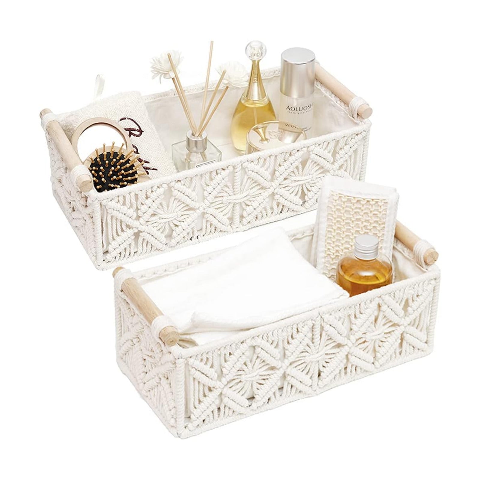 Macrame Storage Basket Boho Decor Baskets for Organizing Woven Decorative for Countertop / White