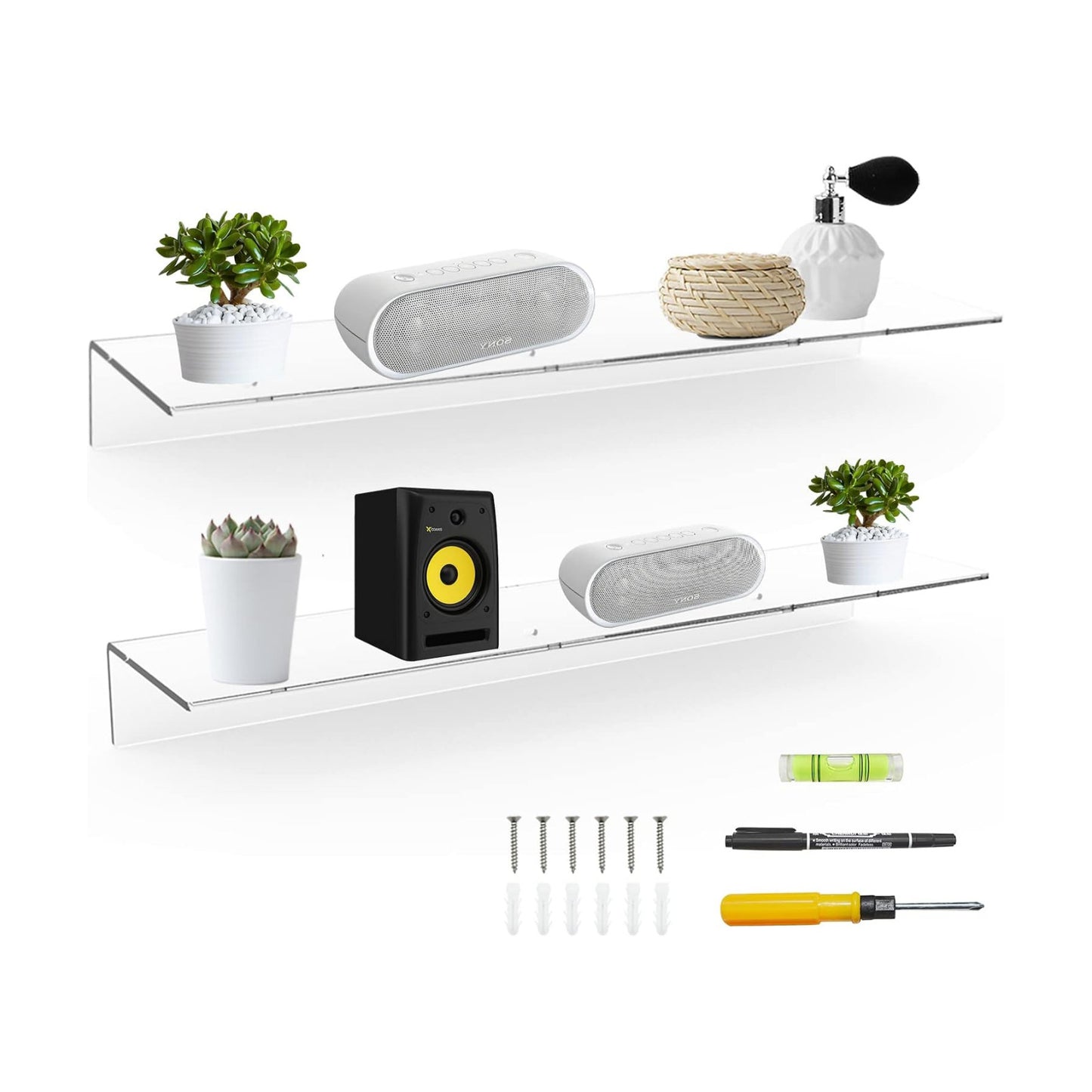 Sezanrpt 24 Inches Clear Floating Shelves for Wall, Acrylic Long Wall Shelf, Wall Mounted Shelves for Plants, Speaker