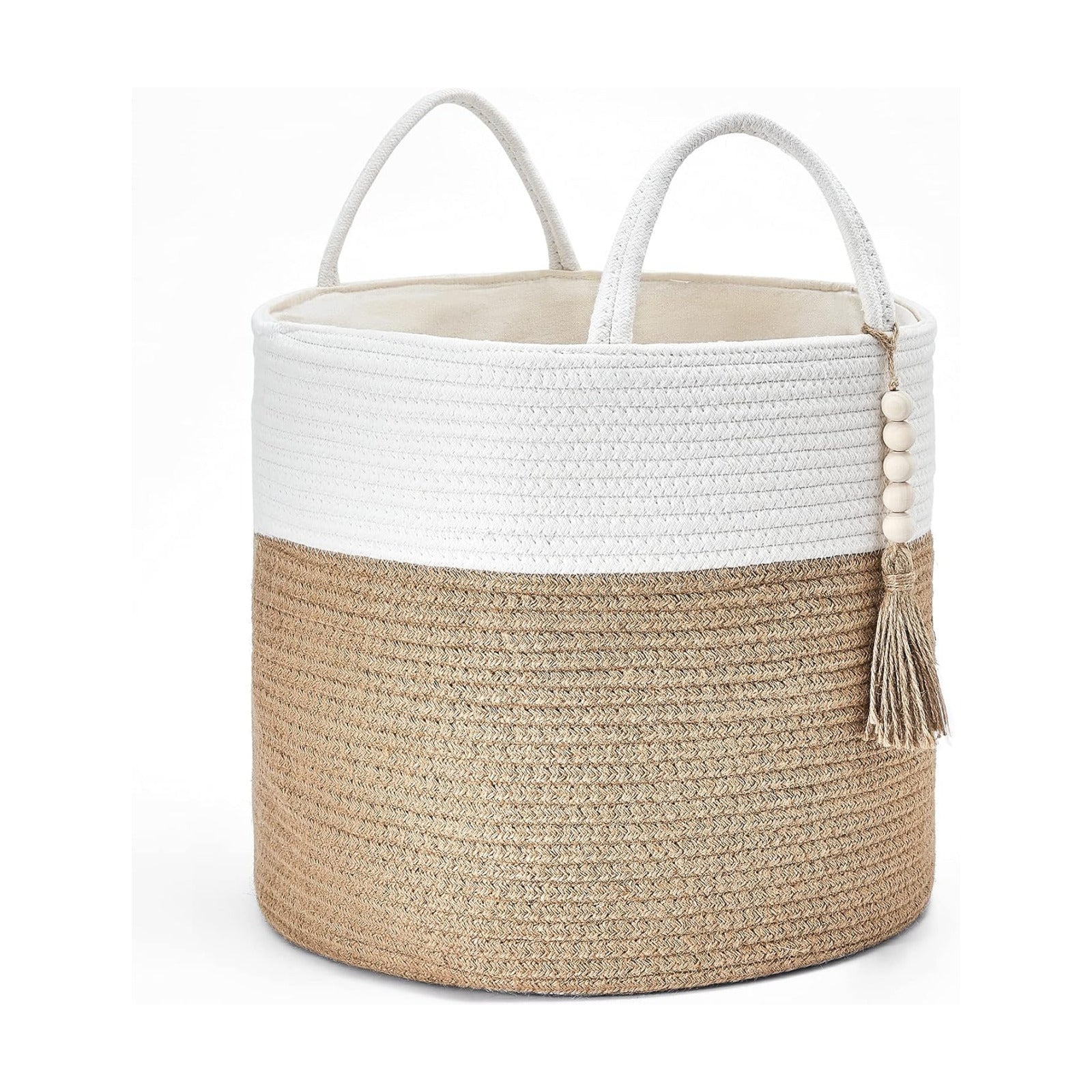 Woven Storage Basket Decorative Natural Rope Basket Wooden / Cream White and Brown / 16" W x 13.8"L