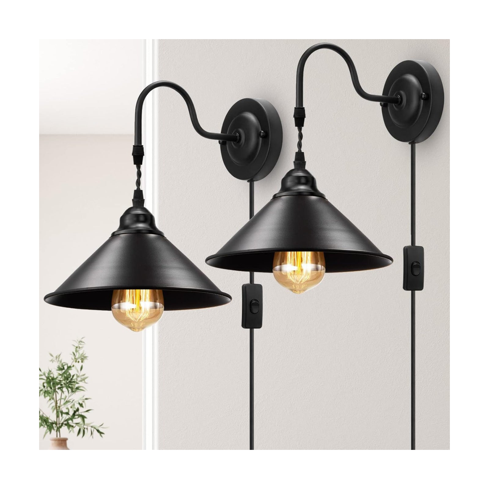 Plug in Wall Sconces, Vintage Plug in Wall Lamp Set of 2 with On/Off Switch, Metal Black Industrial Wall Mounted Light