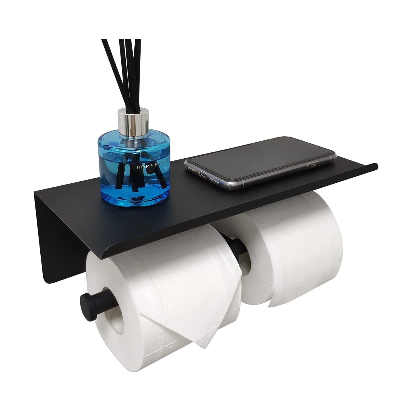 GZILA Double Toilet Paper Holder with Shelf Matte Black Wall Mounted, Dual Large Rolls Tissue Holder Multipurpose TP