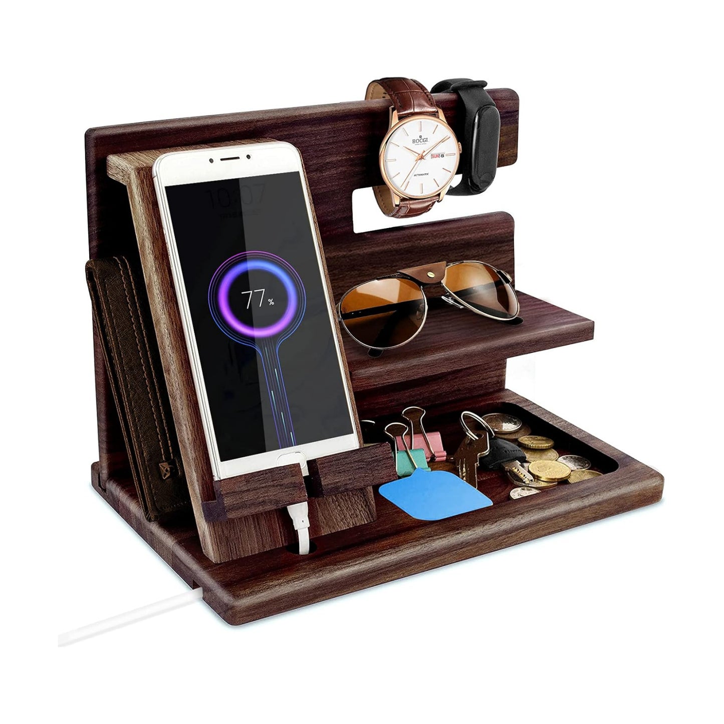 Gifts for Men Bedside Organiser Wood Phone Docking Station Dad Birthday Gifts for Him Nightstand Key Wallet Watch Stand