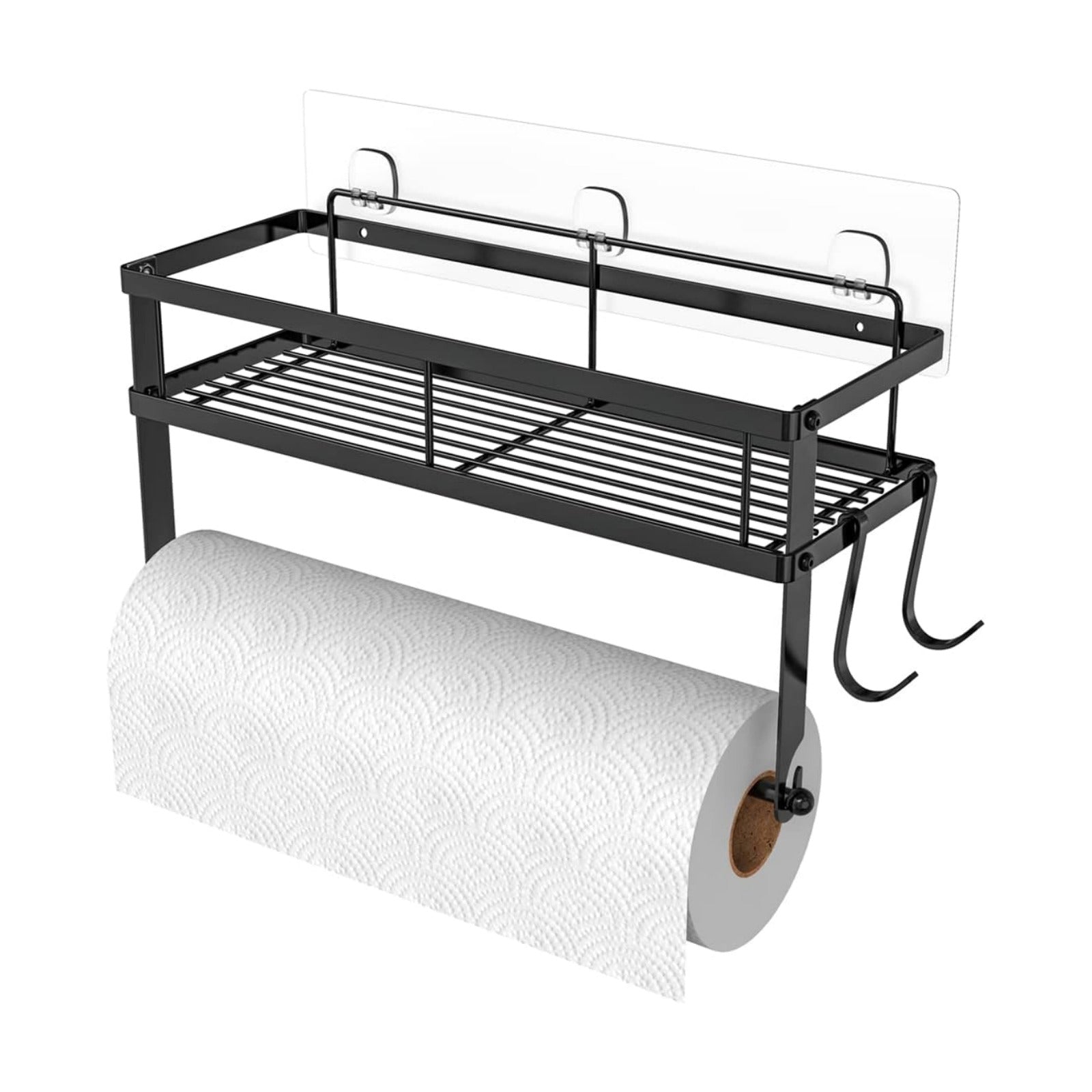 Paper Towel Holder Wall Mount with Shelf, Adhesive, Matte Black Metal | Stainless steel 2in1 holder shelf fits large