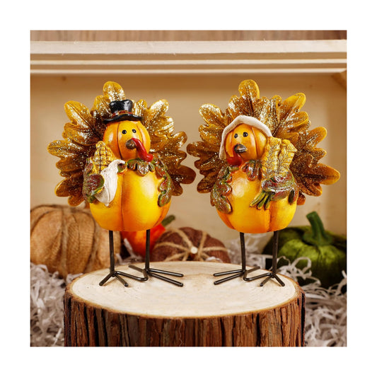 YOFIT Thanksgiving Turkey Figurine, Set of 2 Resin Turkey Fall Tabletop Decorations, Standing Turkey Couple Harvest Decor for Home Table Kitchen