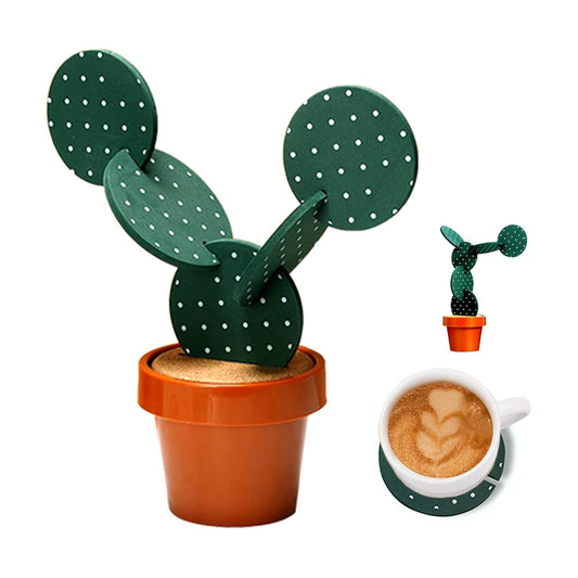 Flowerpot Holder / Cactus Coasters Set for Drinks / Green White Point / Set of 6